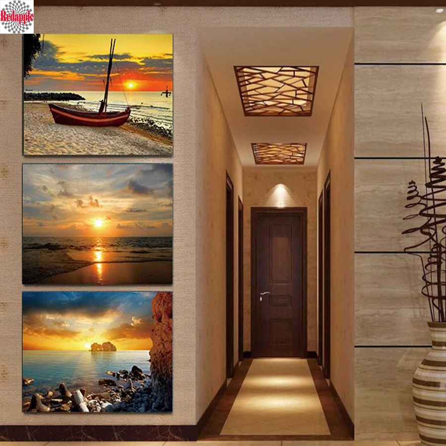 Diamond Mosaic Wall Painting, Cross Stitch, Full Square, Beach, Seascape Painting, Sea Boat, Sunset, Rhinestone, 3Pcs