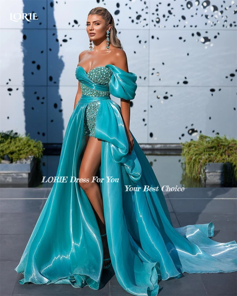 Denim Shirt Dress LORIE Ocean Blue Evening Dresses Pleated Off Shoulder  Beads Slit Ruched Prom Dress