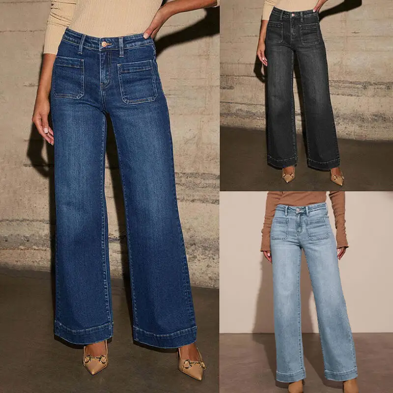 

Y2K Womens High Waisted Jeans European American Spring Slimming Wide Leg Retro Style Straight Leg Pants