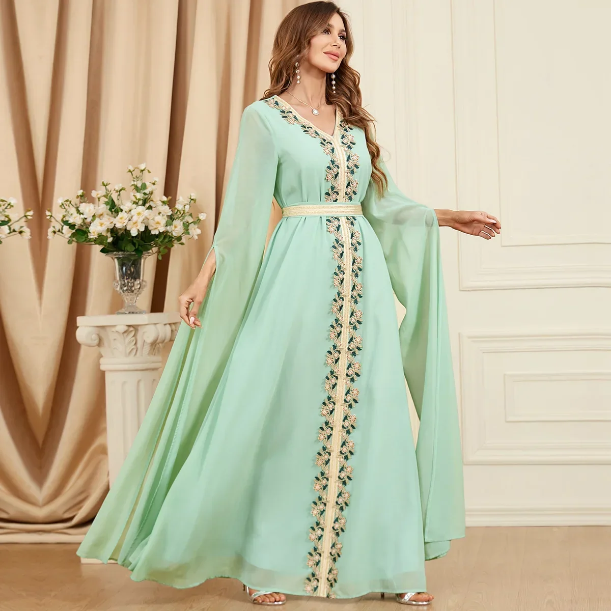 Retalhos femininos Abaya manga super longa, vestido casual muçulmano de Dubai, vestido de festa solto, vestido caftan marroquino, na moda