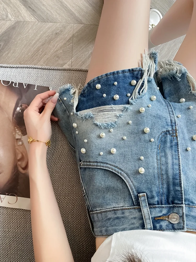 한국어 진주 데님 반바지 여성 여름 패션 캐주얼 하이 웨스트 찢어진 청바지 포켓 술 바지 streetwear 블루 바지