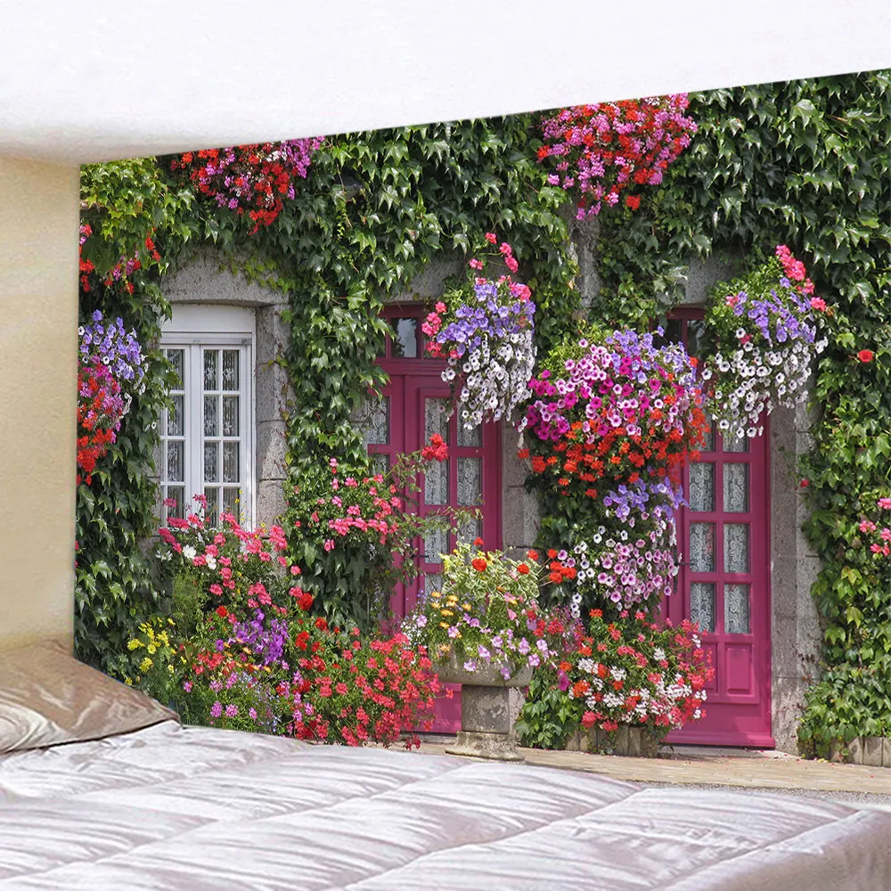 Spring Flowers Wood Fence Tapestry Nature Pink Rose Plants Floral Wall Hanging Garden Window Natural Scenery Cloth Home Decor