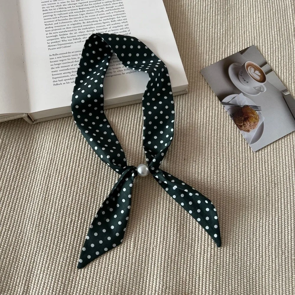 Fashion Vintage Thin Polka Dot Neckerchief Beads Pearl Choker Scarf French Style Adjustable Silk Scarf Necklace Shirt Collar