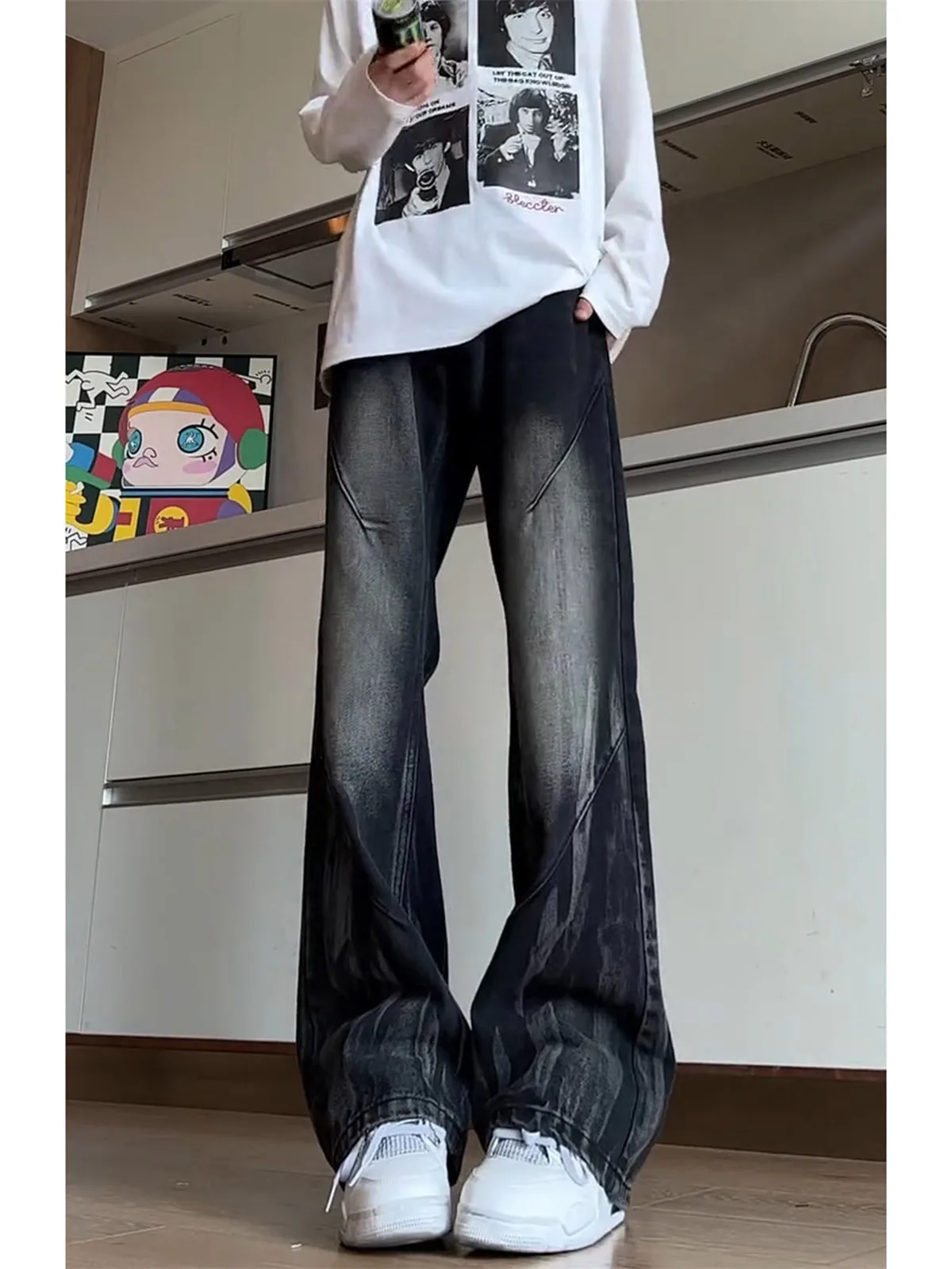 Black Lightning Pattern Flared Jeans Men's CleanFit Wide Leg Floor-Length Pants Straight Cut Loose Fit Casual Youth Style