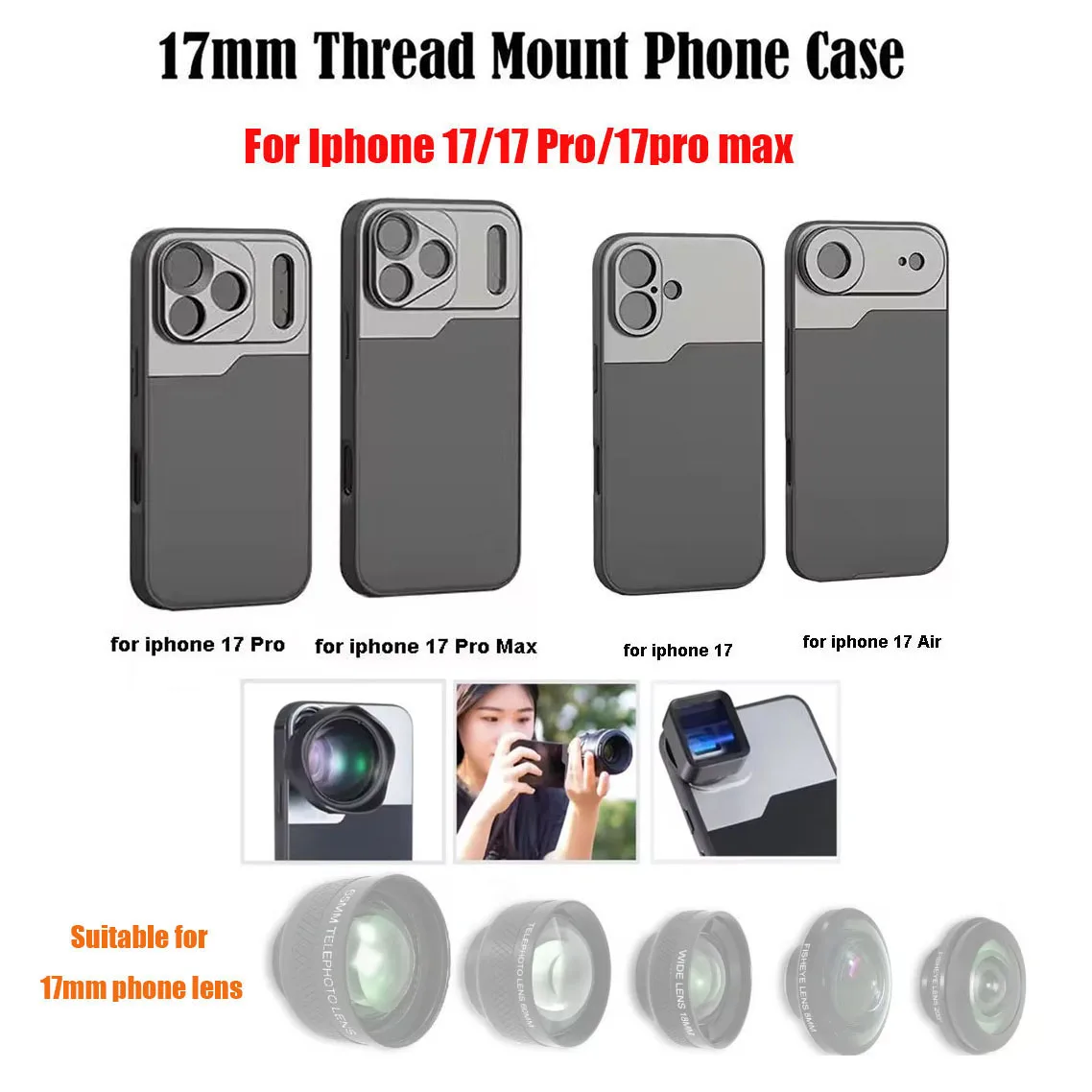 Mini Vlog-funda de teléfono con montaje de lente de rosca de 17MM para iPhone 17 Pro Max, cubierta protectora de aire, Macro anamórfico, soporte de lente gran angular