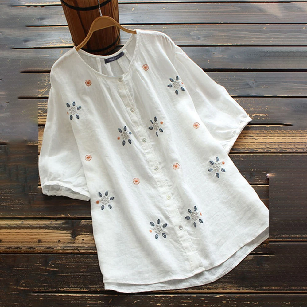 Casual Loose Cotton Linen Shirts For Women Summer Female Tops Floral Embroidered Round Neck Single Breasted Half Sleeve Blouse