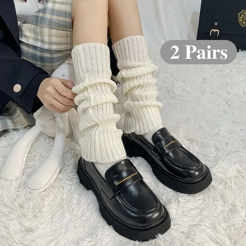 2 Pairs of Women's Four-season Autumn and Winter Solid Color Harajuku Fashion Wear Trendy Simple JK College Style Pile Socks