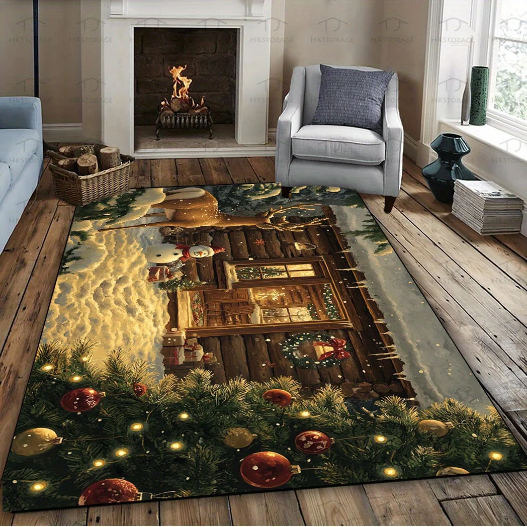 1pc Christmas House Reindeer Snowman Pattern Area Rug, Easy To Clean, Ideal Christmas Home Decor, Perfect for Terrace Garden