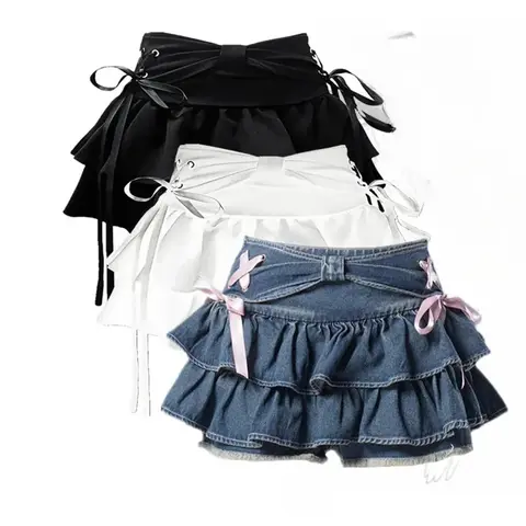 New Fashion Women Hot Girl Sweet Kawaii Bow Vintage Y2k Clothes American Streetwear Sexy Summer A-line Gothic Mini Denim Skirts