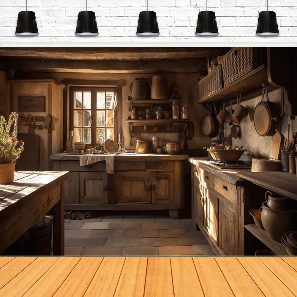 Fondo de fotografía cocina país occidental chimenea desgastada casa de madera antigua granja Rural fondo de utensilio de cocina