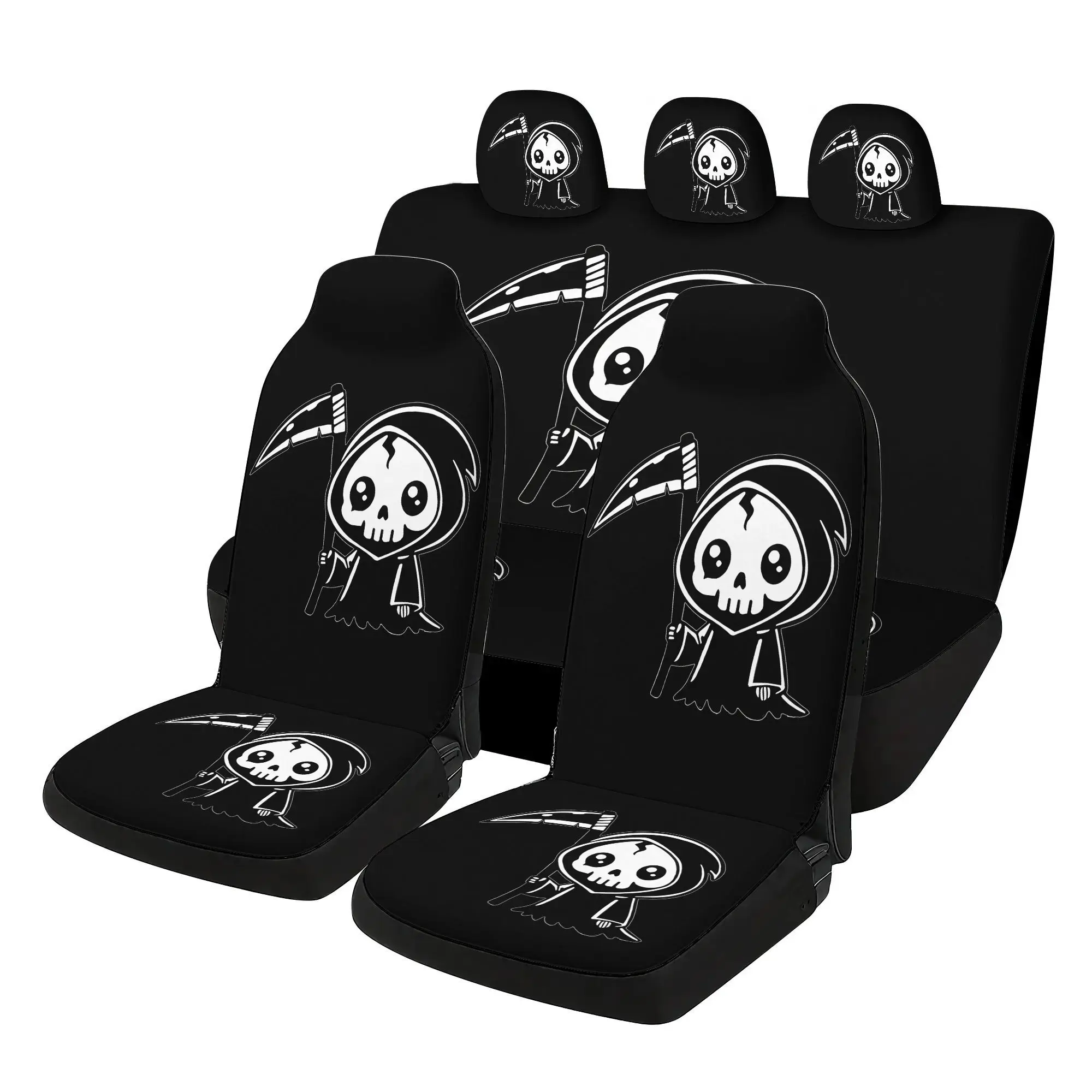 7pcs Cute Chibi Grim Reaper Printed Universal Car Seat Covers, Including 2 Front Seat Covers + 1 Rear Backrest Cover + 1 Rear Se