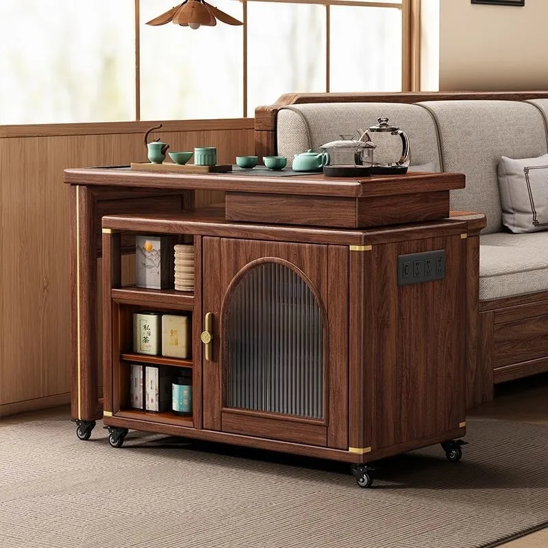 Black walnut solid wood tea table retractable tea table small apartment storage rotary boiling water integrated storage cabinet