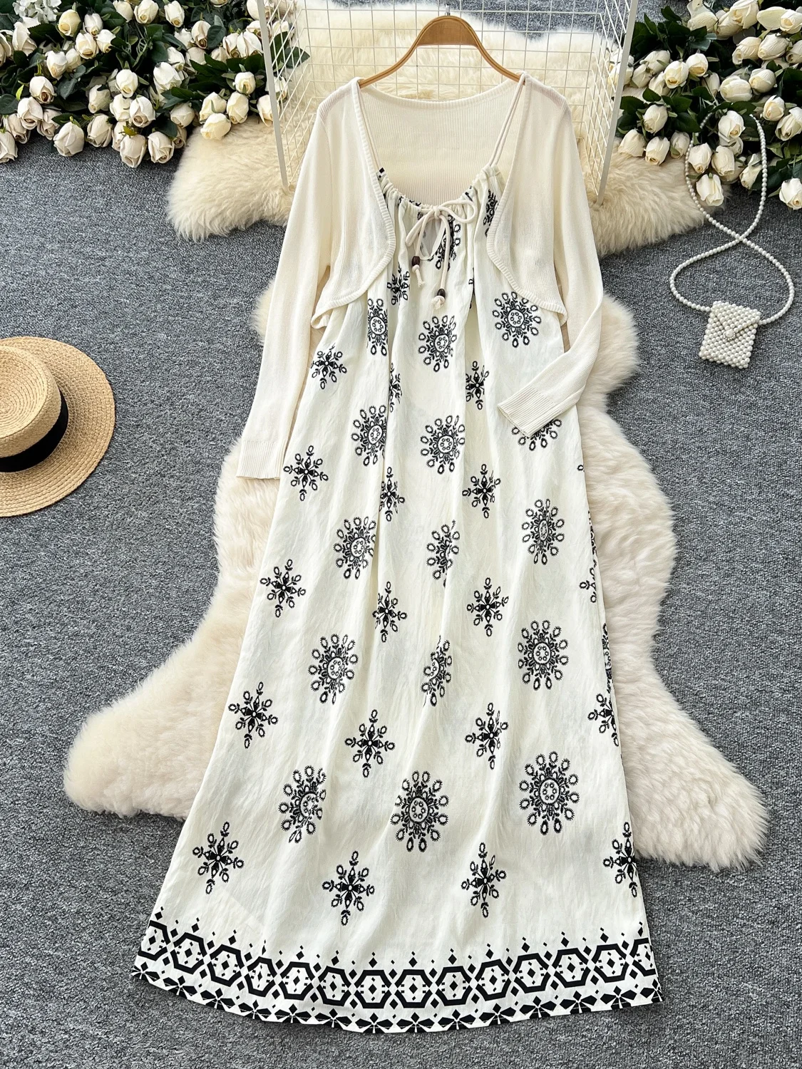 

Beach Vaion n Retro Ethnic Sle Women's Loose Dr with Knitted Cover up Print Maxi Skirt Faion Set Summer 2025