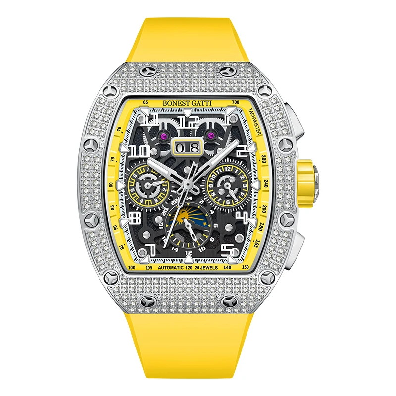 BONEST GATTI-Montre-Bracelet Mécanique pour Homme, existent, Tonneau, Saphir, Shoous, Fluorubber, Bracelet, Mois, Semaine, Date, 44x52mm