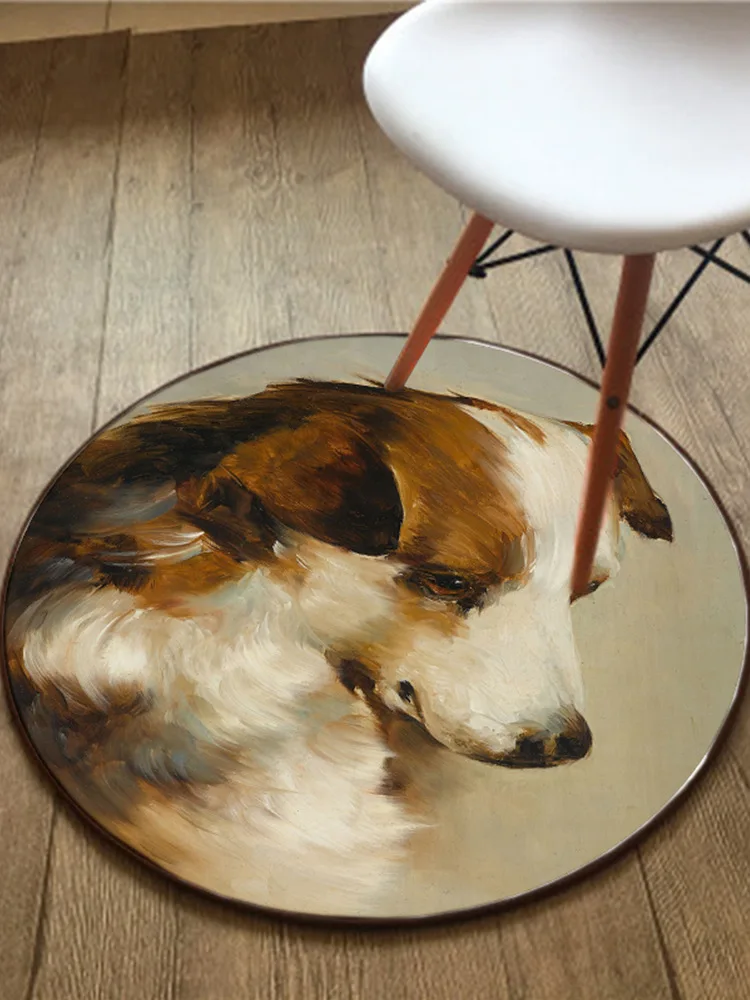 CARL REICHERT Painting Dog Carpet European Pastoral Style Decorative Floor Mat Round Rug for Chair  Area Rug for Living Room