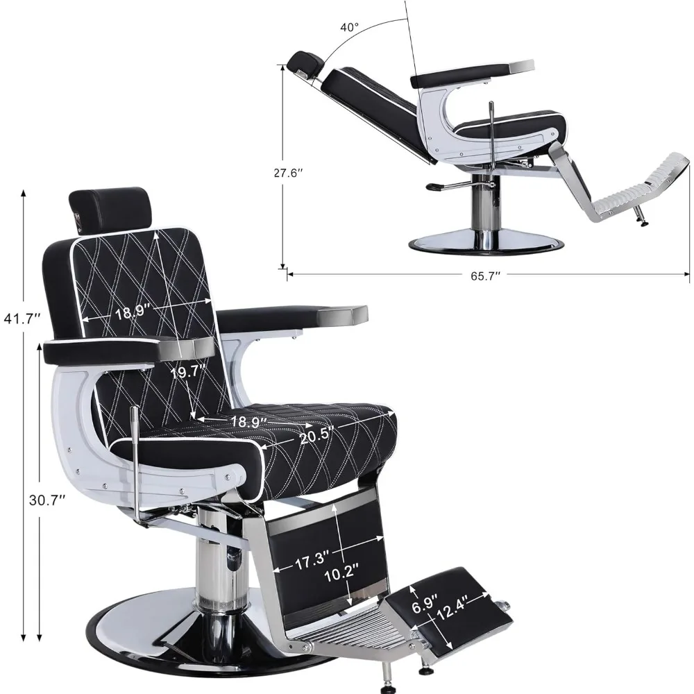 Heavy Duty Metal Vintage Barber Chair All Purpose Hydraulic Recline Salon Beauty Spa Shampoo Equipment Black and White Stitches