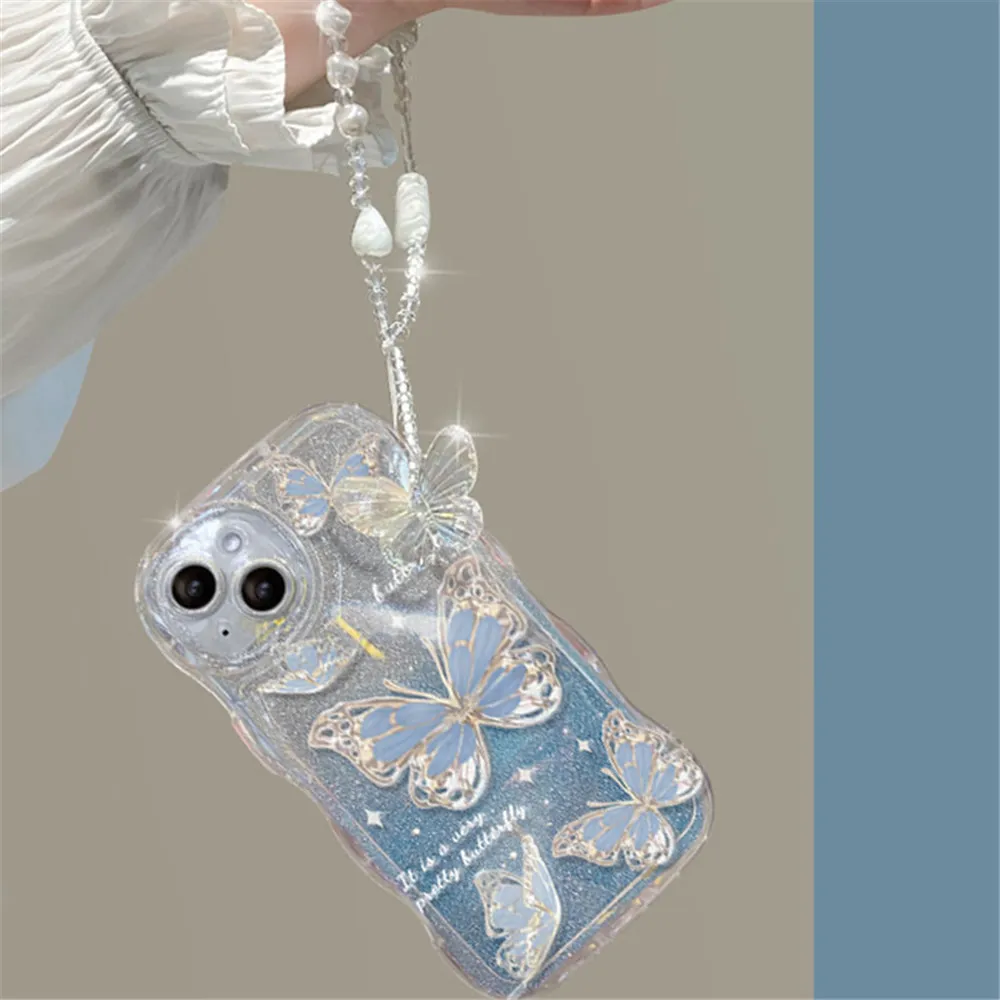 Luxury Butterfly Glitter Clear Soft Case For iPhone 15 14 13 12 11 Pro Max XR XS X 7 8 Plus Hang Chain Lanyard Silicone Cover