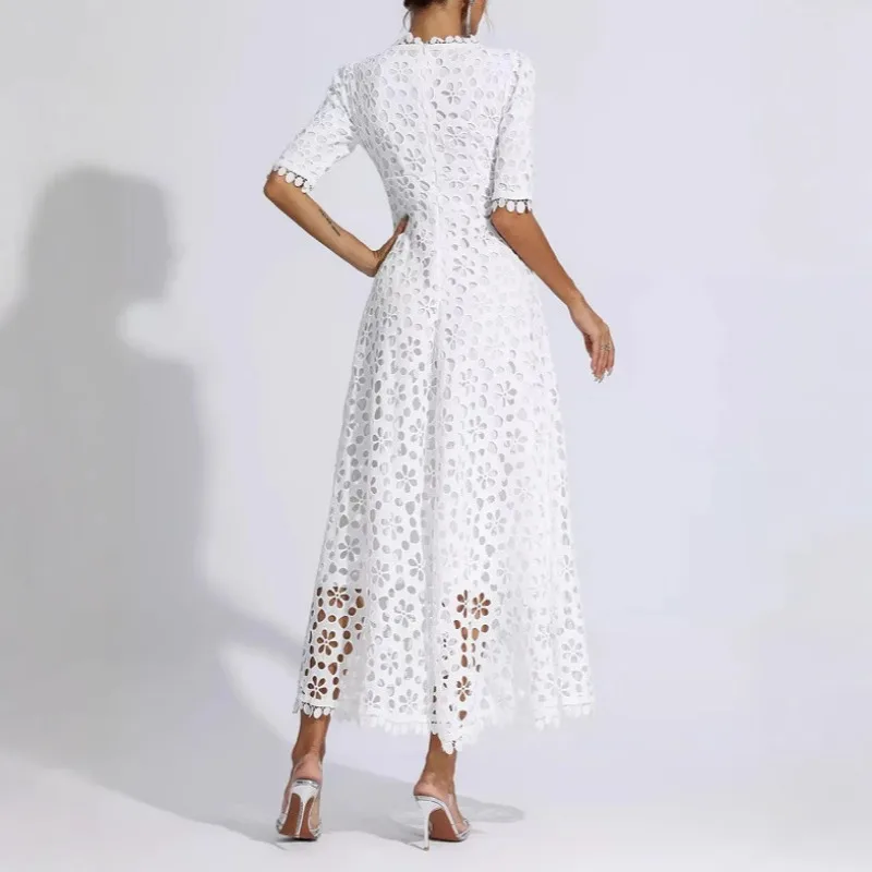 Robe de soirée élégante en dentelle, Corset ajouré, Sexy, Y2K, bureau, manches courtes, col en V, fluide, style Boho, longue robe de plage