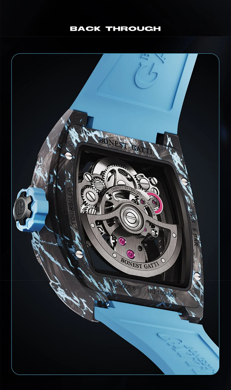 Reloj BONEST GATTI Tourbillon para hombre, 43x52mm, Tonneau, reloj de pulsera mecánico automático, caja Lume de fibra de carbono, esfera con mecanismo al descubierto, zafiro