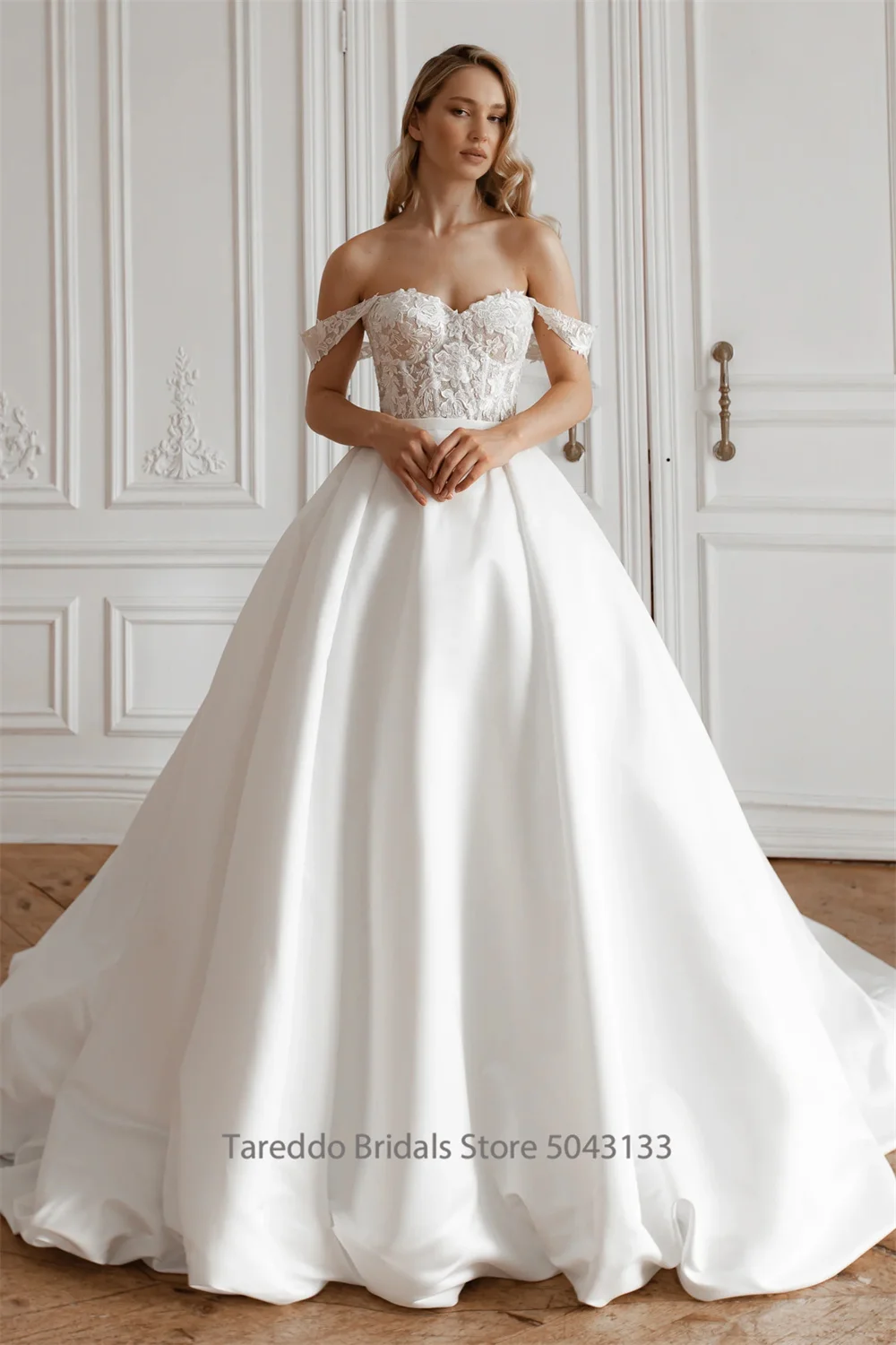 Customized Off Shoulder Two Pieces Wedding Dress Lace Applique Glitter Skirt Bridal Gown with Detachable Skirt 2 in1 Style