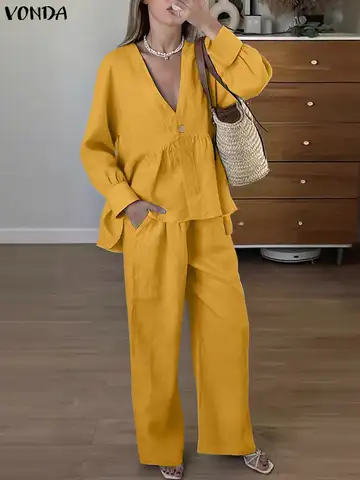 Plus Size 5XL VONDA Women Pants Sets Casual Loose Long Sleeve Shirts Long Pants V Neck Elegant Office Lady Suits Fashion Sets