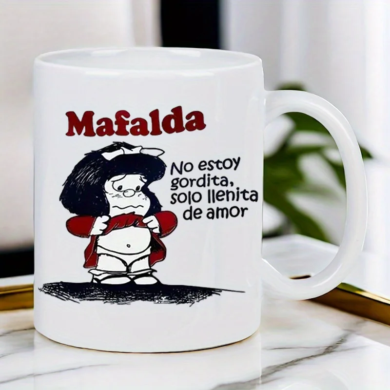 Mafalda 11 oz Ceramic Coffee Mug, Insulated, Travel Mug, Hand Wash Recommended - For Coffee Lovers, Unisex, White