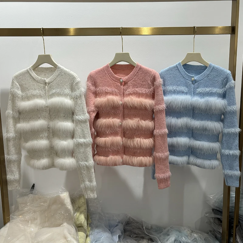 

Новое поступление 2023 года, женский осенний синий свитер из натурального лисьего меха, новый дизайн, вязаная куртка