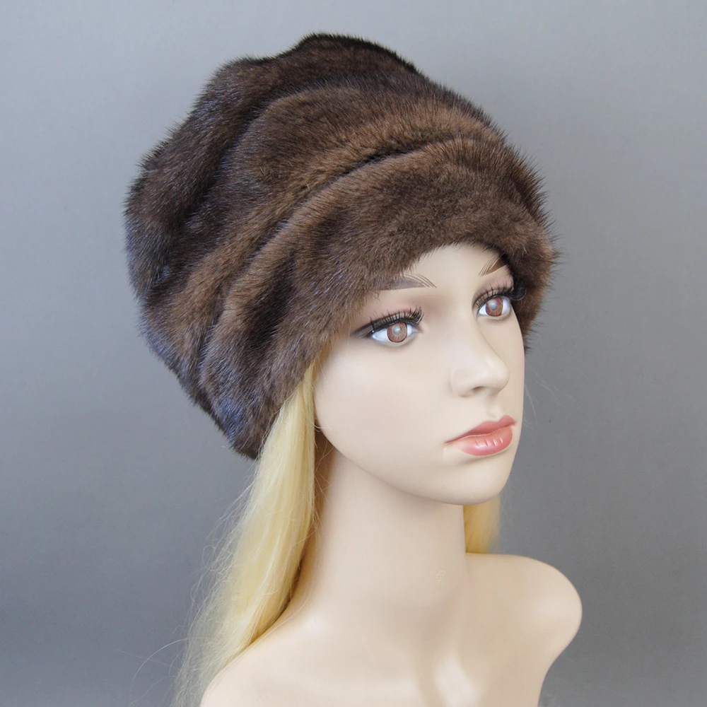 Mink Fur Hats Women Stylish Warm Natural Whole Mink Fur Luxury Winter Caps anti cold Snow Hat with balls head 55-62cm