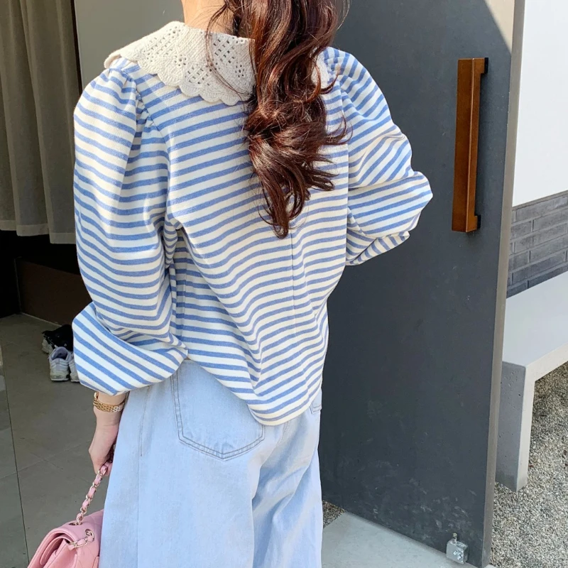 Preppy Style T Shirts Peter Pan Collar Puff Sleeve Striped Patchwork Design Tops Tees for Women Casual Loose All Match Clothing