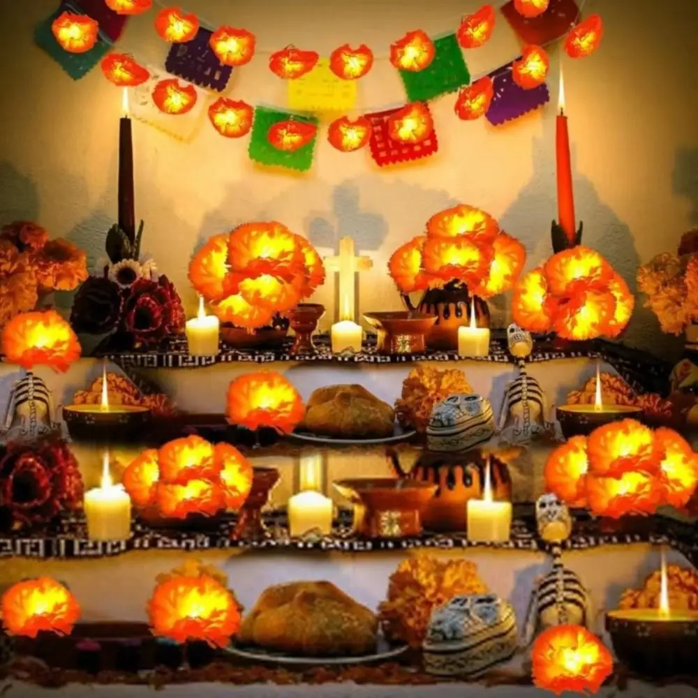 Battery Powered/Solar Powered Marigold Garland Lights Orange Artificial Flowers Halloween Marigold Led Lights for 10LED/30LED