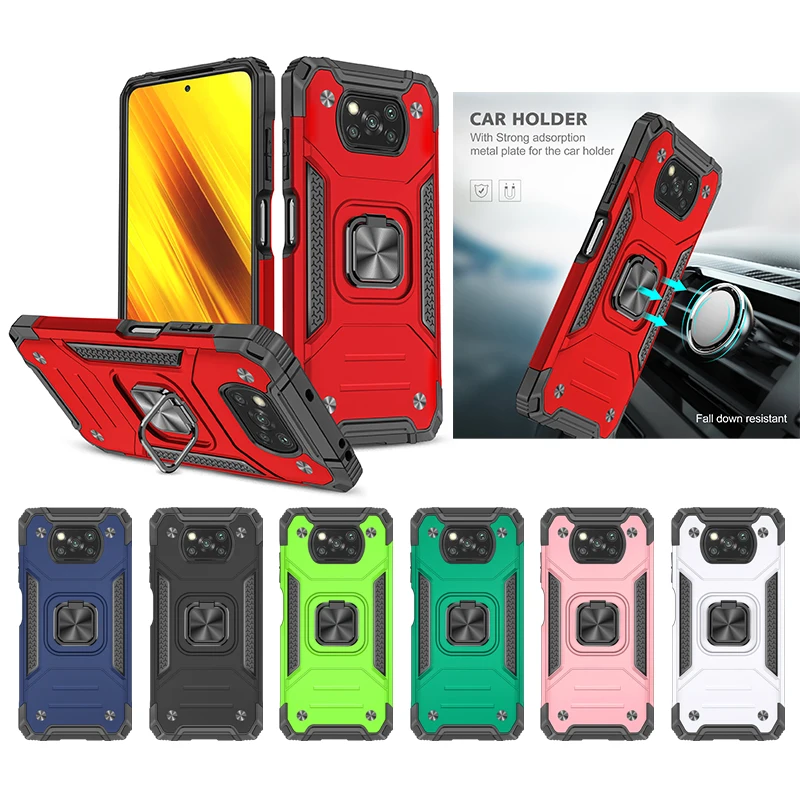 Armor Shockproof Phone Case For Xiaomi Pocophone POCO X3 NFC Car Magnetic Metal Finger Ring Holder Back Cover For Mi Poco X3 Pro