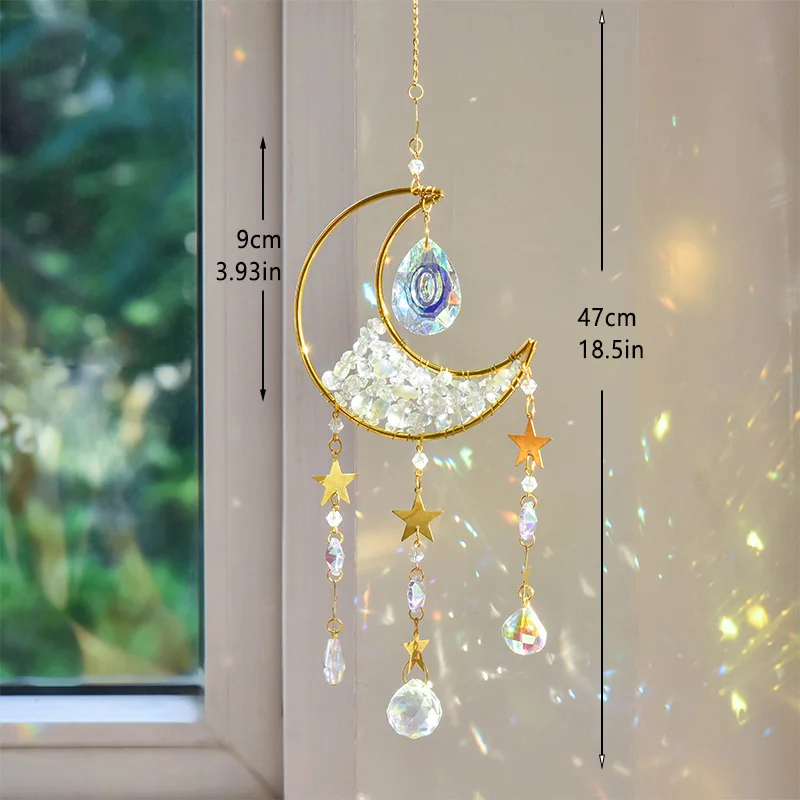 Moon Suncatcher Crystal Wind Chime Gold Moon Metal Hanging Pendant Diamond Rainbow Sun Catcher Window Car Hanging Garden Decor