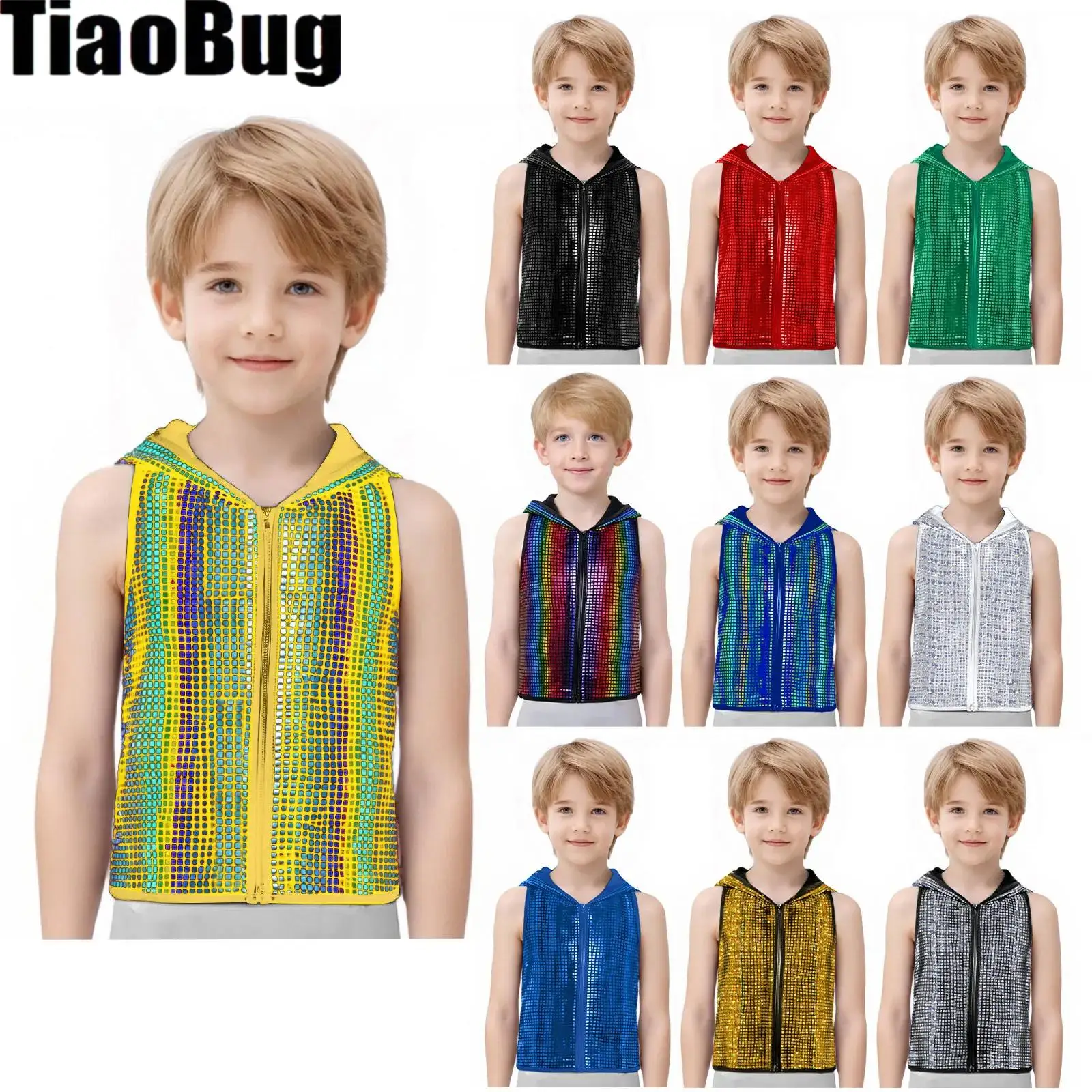 

Kids Boys Girls Metallic Hooded Vest Plaid Racer-Back Tops Sleeveless Zipper Waistcoat Dance Performance Party Costume