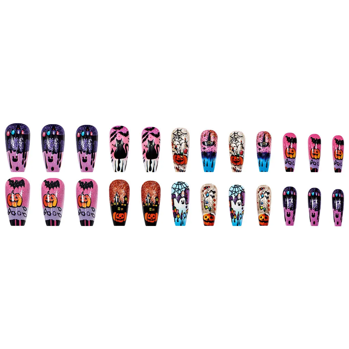 24 Uds. De uñas postizas con diseño de fantasma y lentejuelas doradas, uñas postizas para Halloween, ataúd de Ballet largo europeo, prensa usable en las uñas