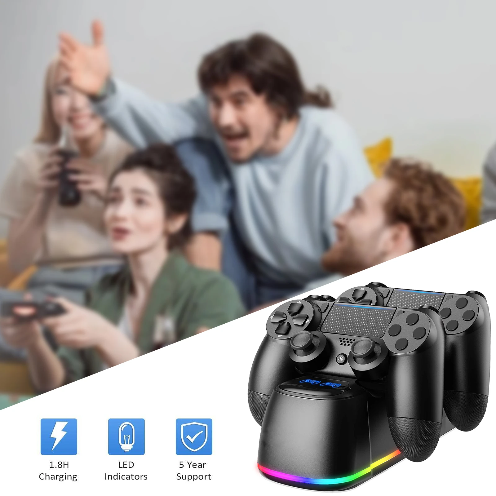 PS4 controller charging dock with indicator for 2 PS4 controllers, optional style (black color light, white color light)