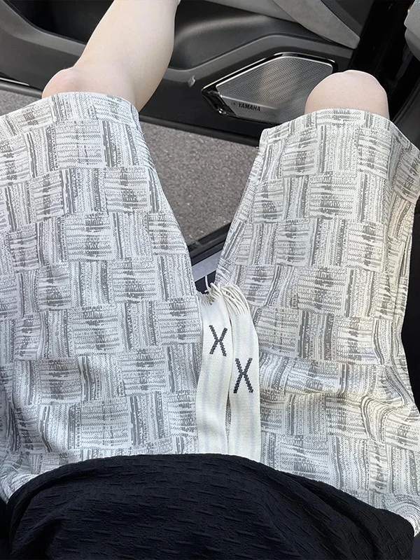 

American High Street Plaid orts Men Loose Straight Tube Cool Five-Point Beach Summer Thin Polyester Fiber Youth Casual