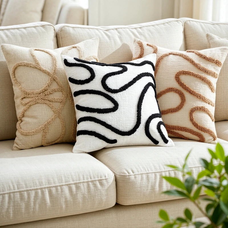 Cream Style Decorative Cushion Cover 45x45cm Tufted Curly Line Pillow Case Aesthetic Warm Home Sofa Decoration
