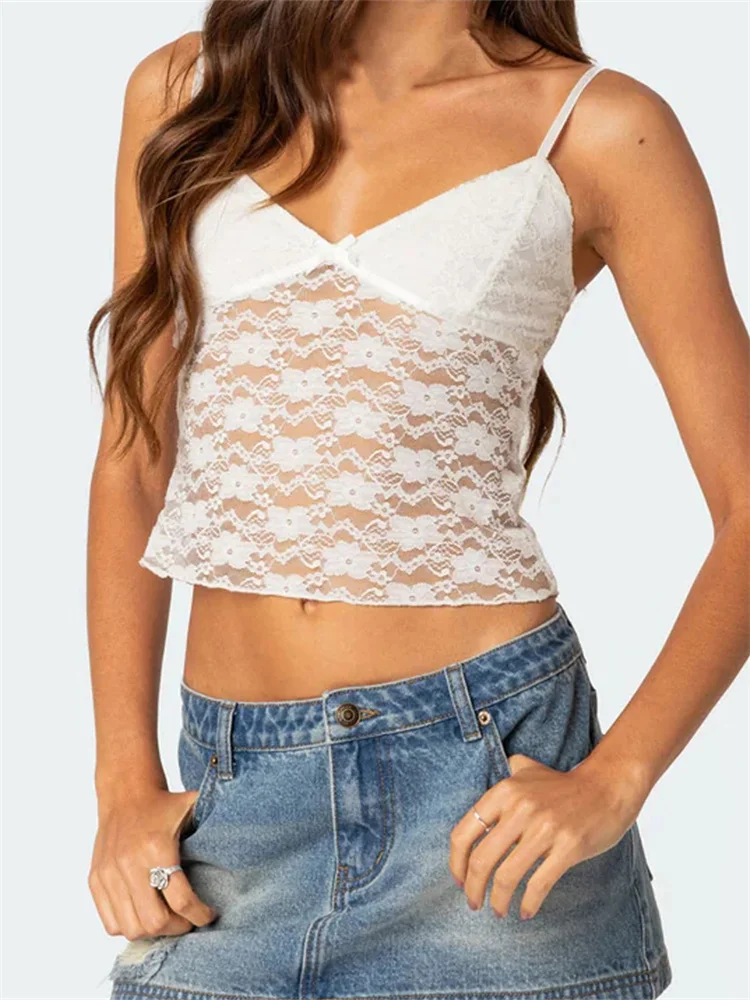 CHRONSTYLE-camisetas sin mangas Y2K con tirantes para mujer, Tops con cuello de pico, malla de encaje transparente, Mini chaleco ajustado, ropa de