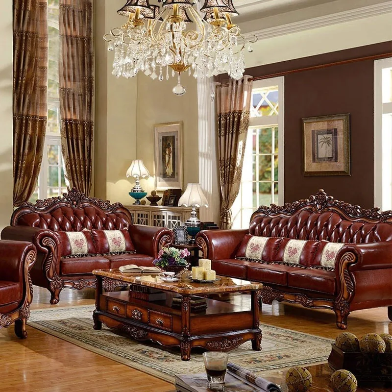 -For High Quality Wood Carved Genuine Leather Living Room Sets Sofa Furniture Hot Sell Luxury Brown Vintage Living Room Sofa^