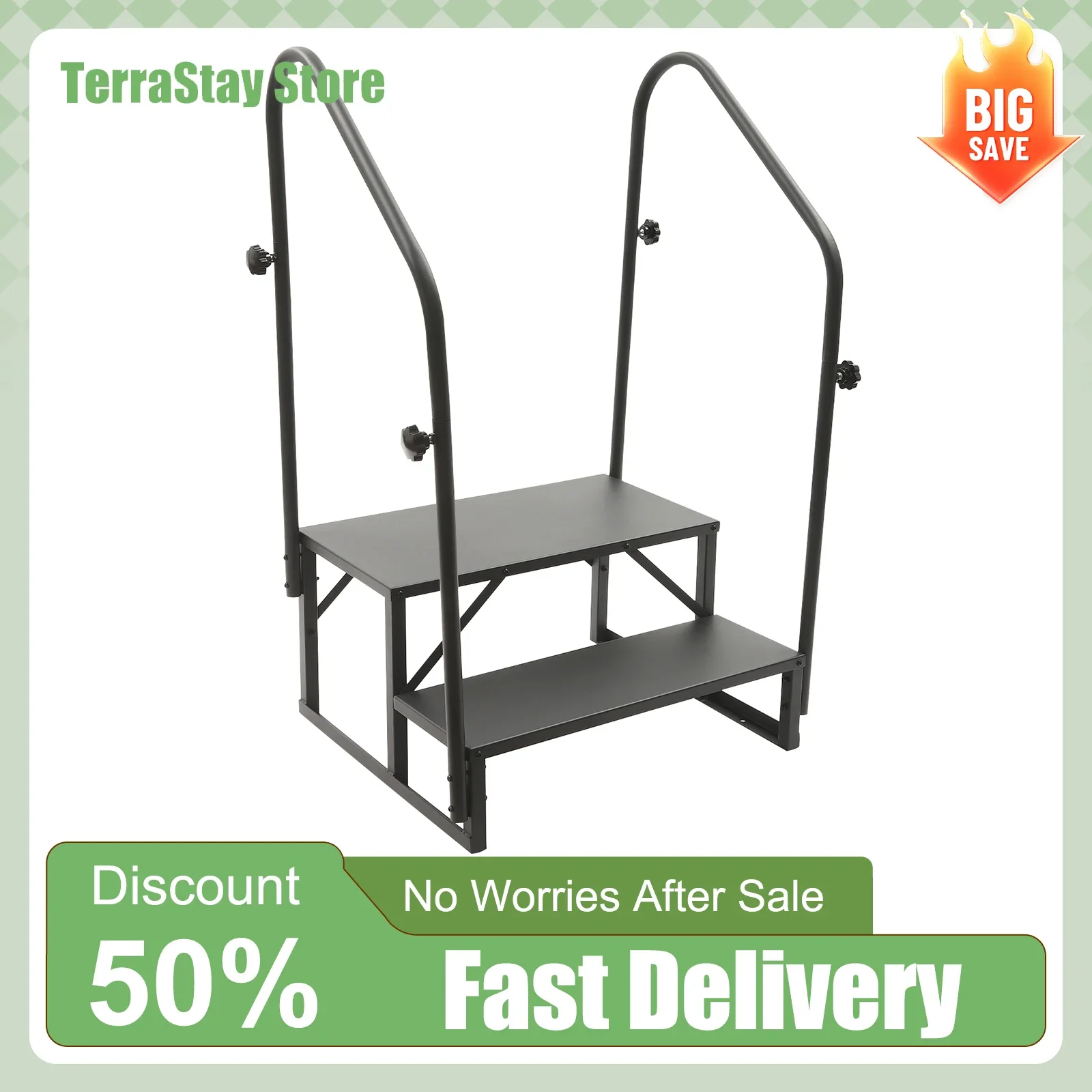 سلالم بخطوتين مع درابزين مزدوجين بسعة تحميل 450 رطل، هيكل ثابت، سهل التركيب، تنظيف للشرفة المنزلية للتخييم RV #1