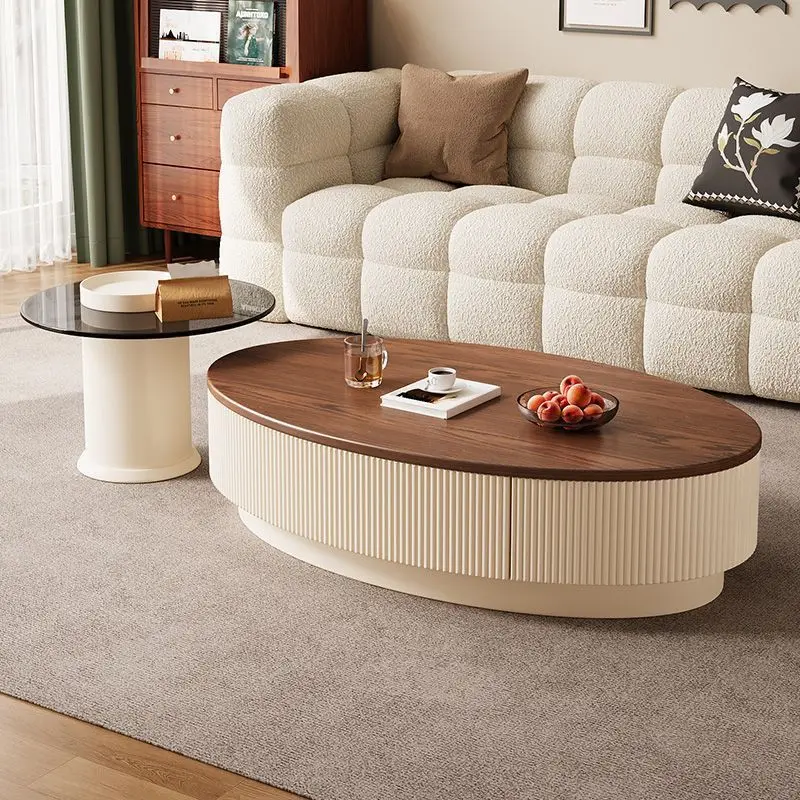 Simple medieval oval solid wood coffee table household living room light luxury small apartment modern high-end
