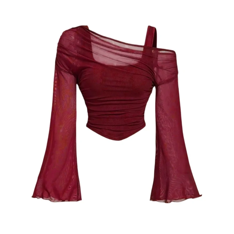 Women's T-Shirt Long Sleeve Ruched Pleated Hollow Out Mesh Casual Fashion Elegant Trendy Stylish Lightweight