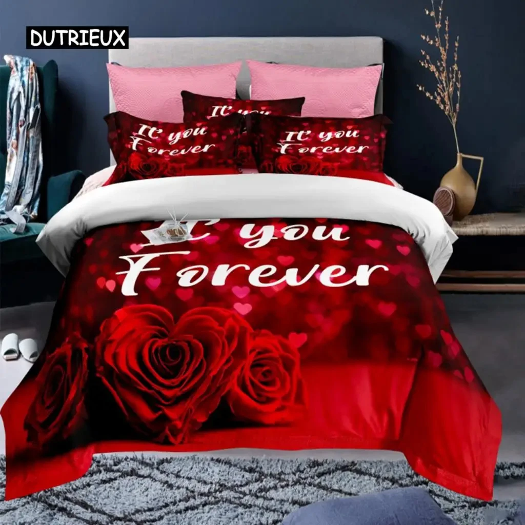 Valentine's Day Duvet Cover Set Red Rose I Love You Pattern King Size Couple Polyester Bedding Set Happy Romantic Quilt Cover