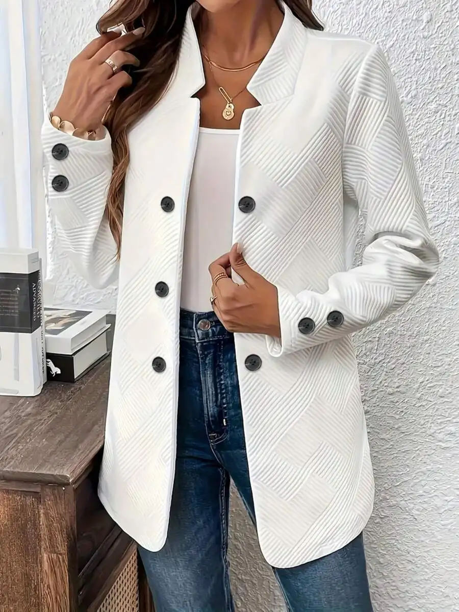 

White Geometric Quilted Double-Breasted Blazer Jacket for Women