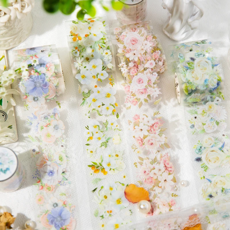 Yoofun 5x200cm Flower PET Tape Transparent Aesthetic Floral Masking Tape for Collage Junk Journal Scrapbooking Planner Card diy