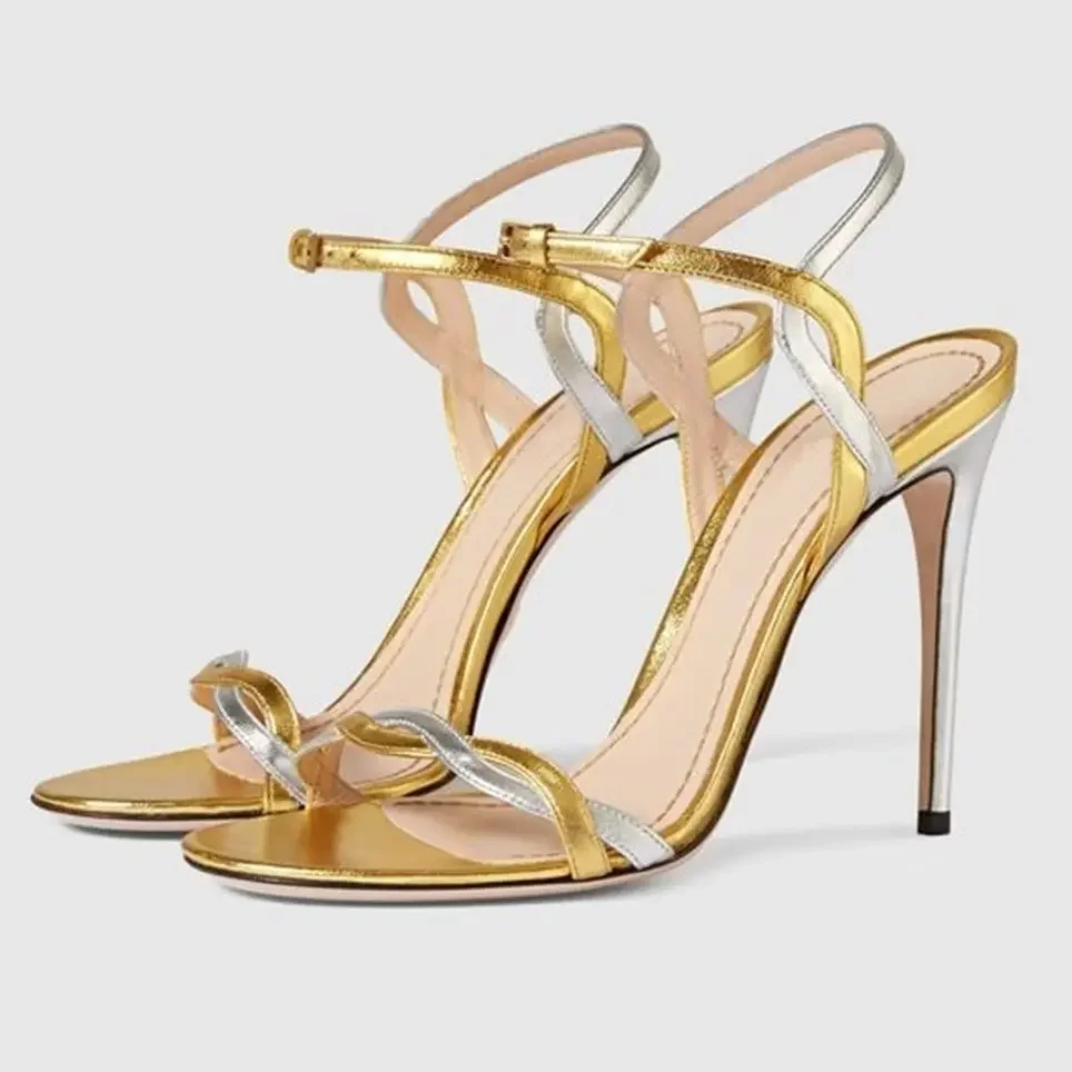 Gold Silver Cross Tied Women Sandals One Word Belt Round Toe Front Rear Strap  Stiletto Heel Hollow heels Summer Large Size 43