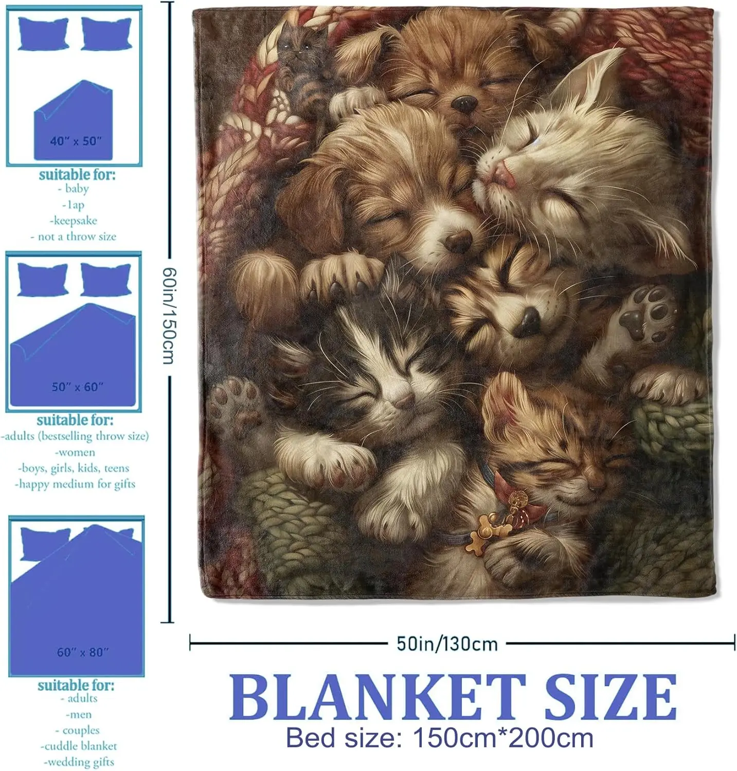 Cute Dog and Cat Throw Blanket , Sleepy Puppies and Kittens Theme Blankets for Living Room Couch, Home Decor, Soft Flannel Pet