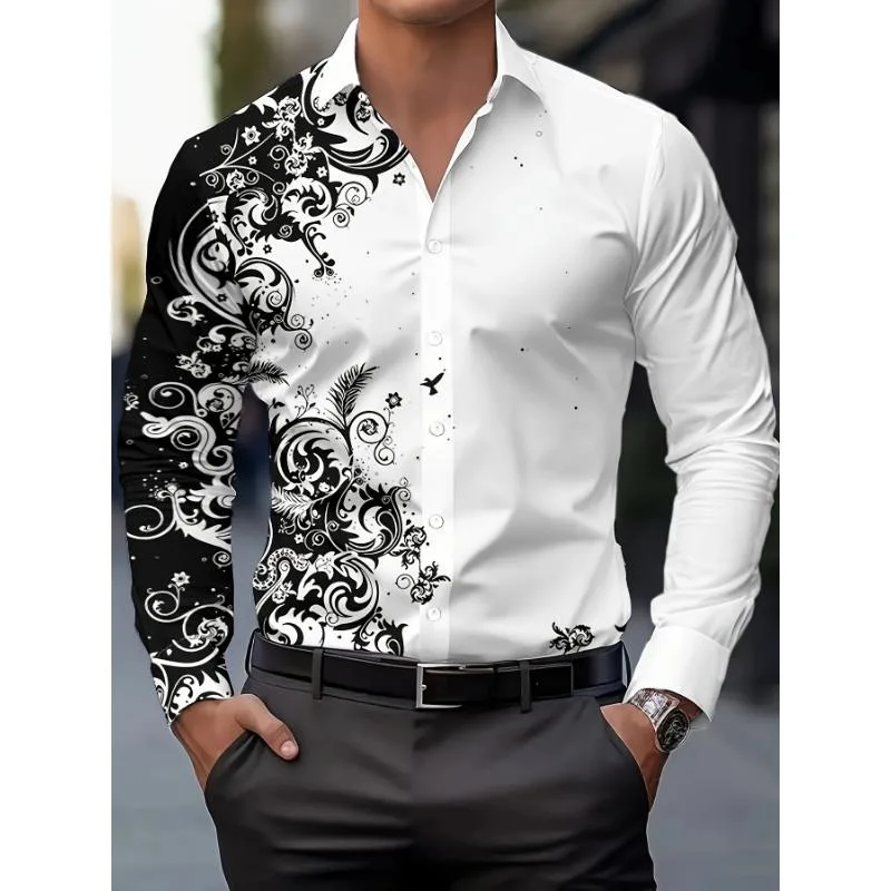 New Men's Curly Grass Stripe 3D Printed Shirt Men's Lapel Long Sleeve Multi-Style Business Fashion Western Casual Vacation Top