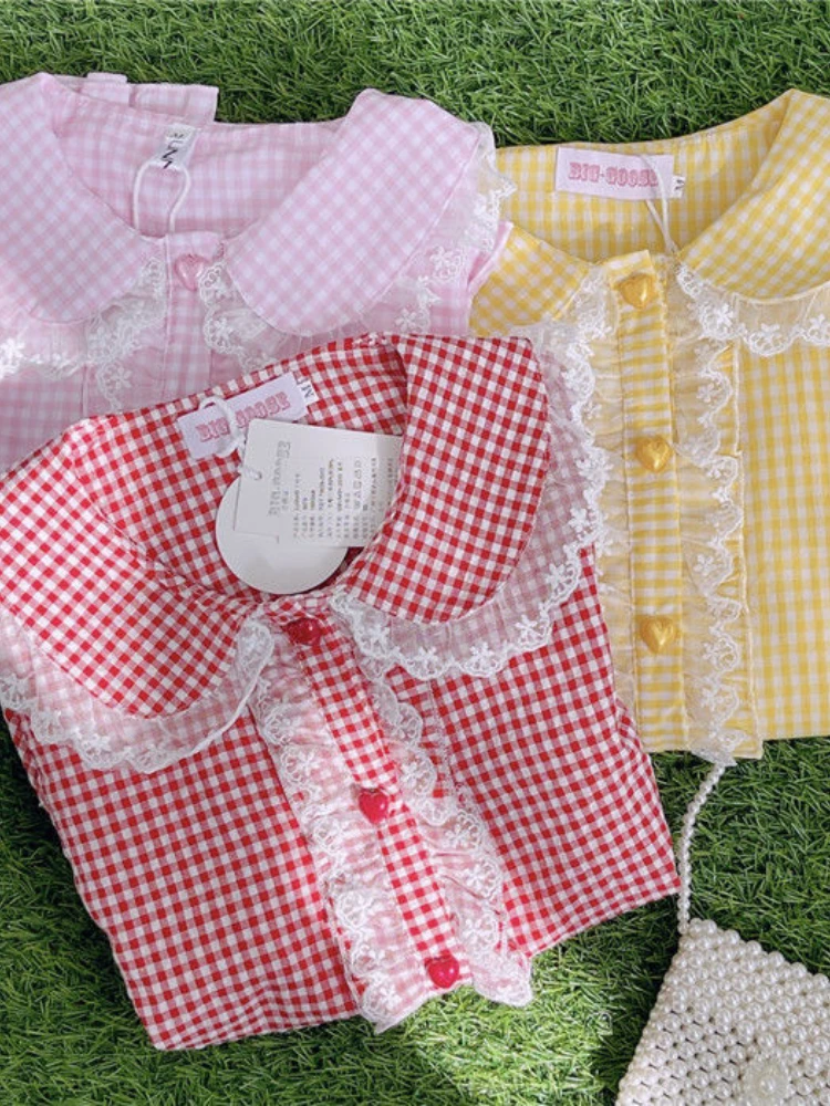 KOSAHIKI Lolita Blouse Retro Plaid Women Lace Ruffle Shirt Peter Pan Collar Short Sleeve s Top Vintage Blusas