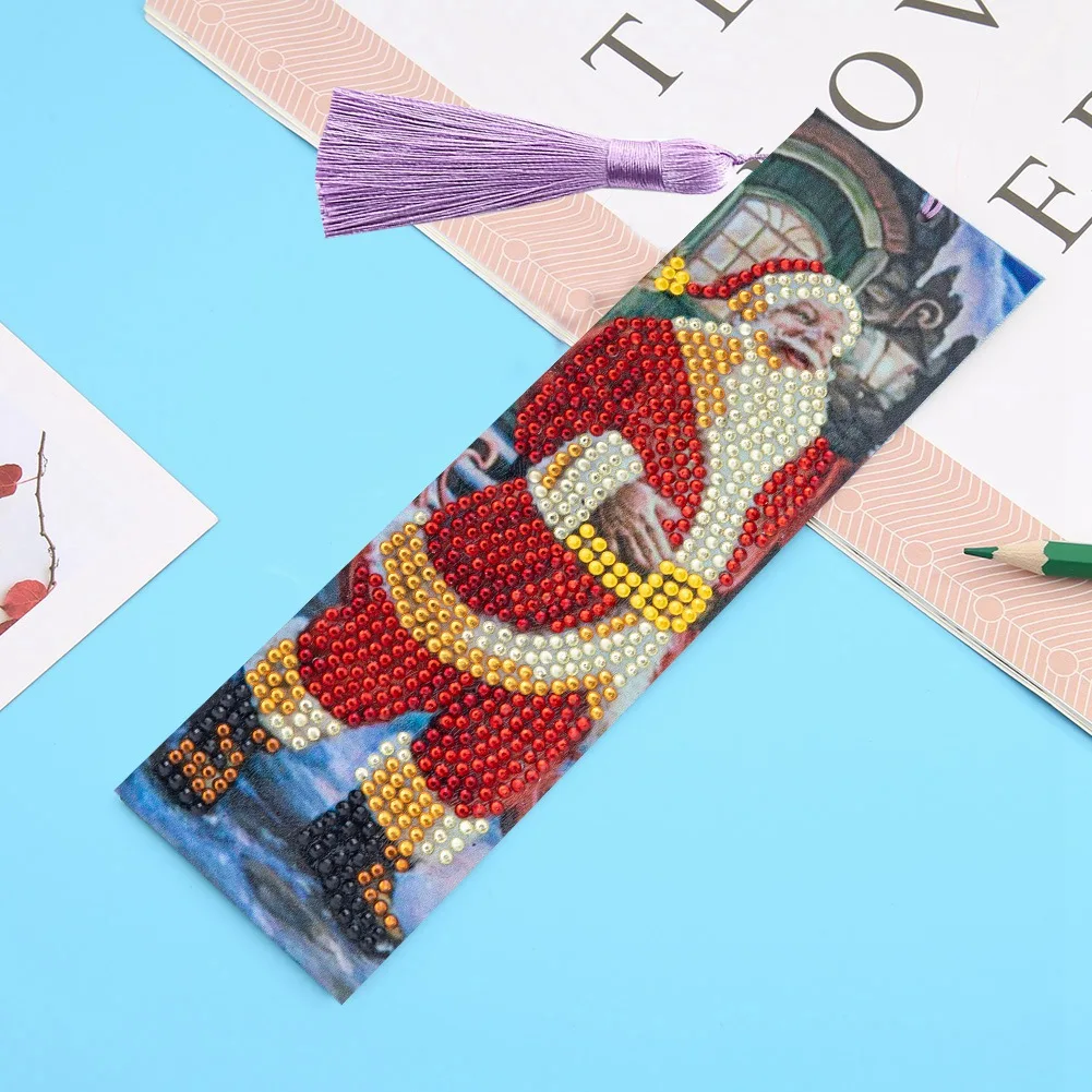 3 Pieces Diamond Painting Christmas Bookmarks Tassel Beade Santa Claus Christmas Snowman And Tree DIY Gifts